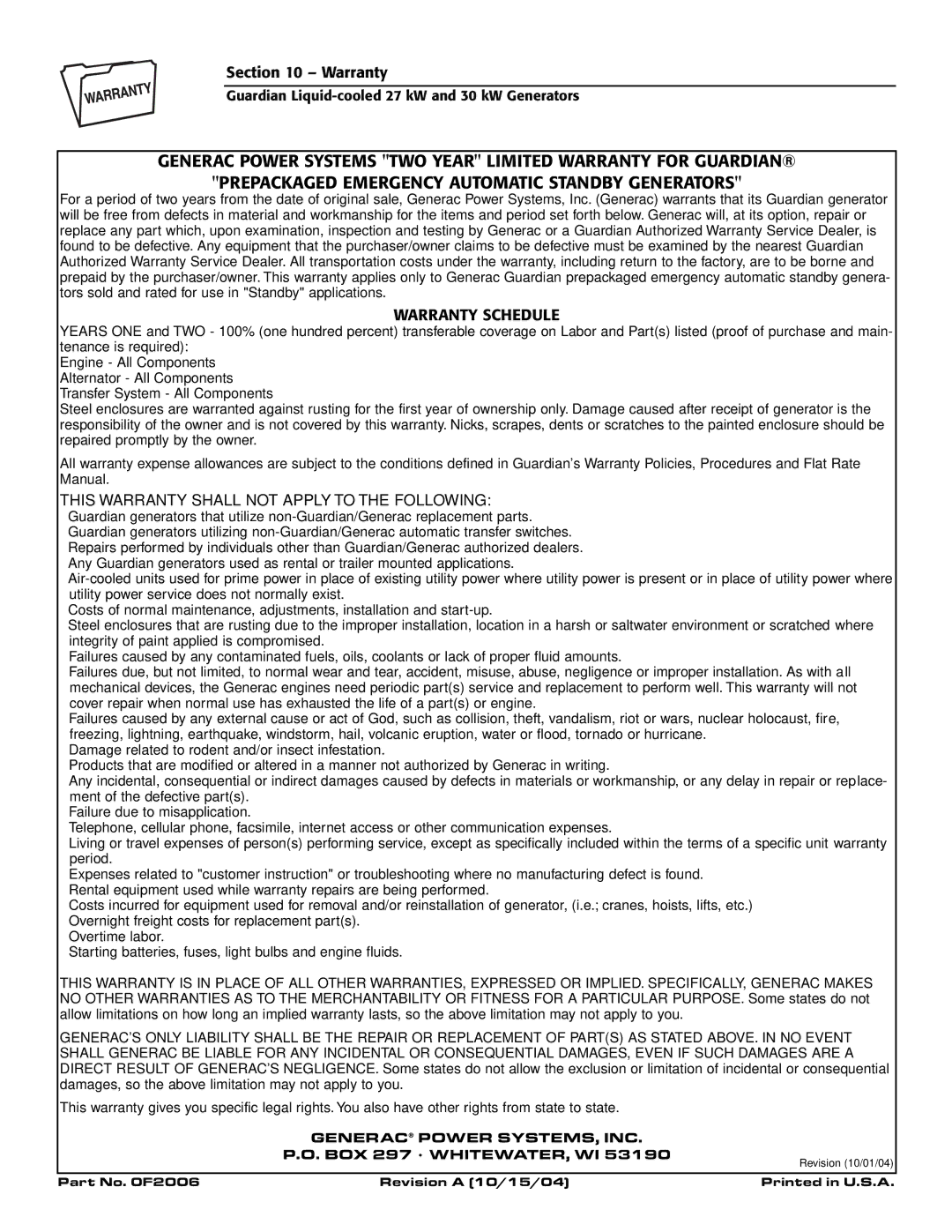 Generac Power Systems 004988-1 owner manual This Warranty Shall not Apply to the Following 