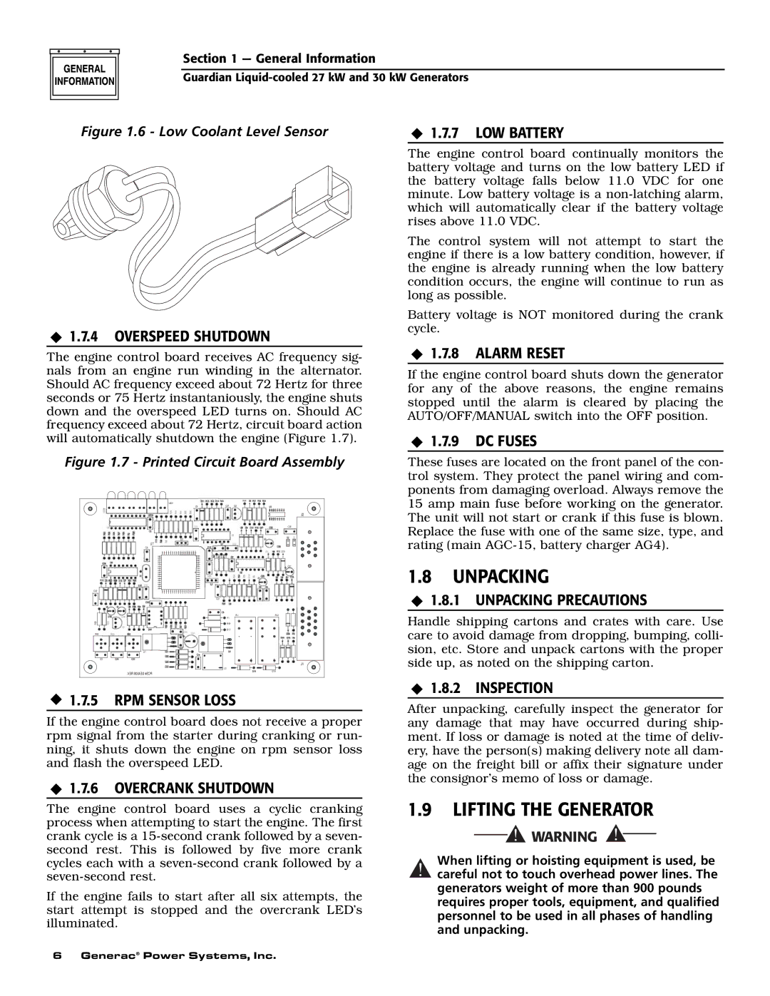 Generac Power Systems 004988-1 owner manual Unpacking, Lifting the Generator 