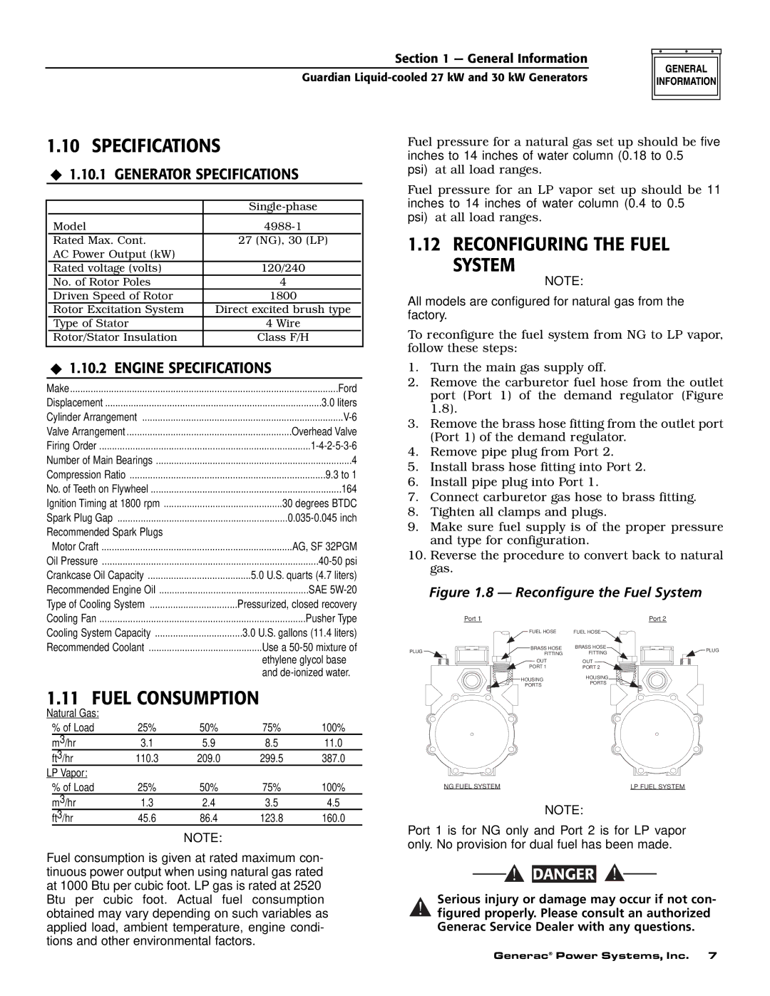 Generac Power Systems 004988-1 owner manual Specifications, Fuel Consumption, Reconfiguring the Fuel System 