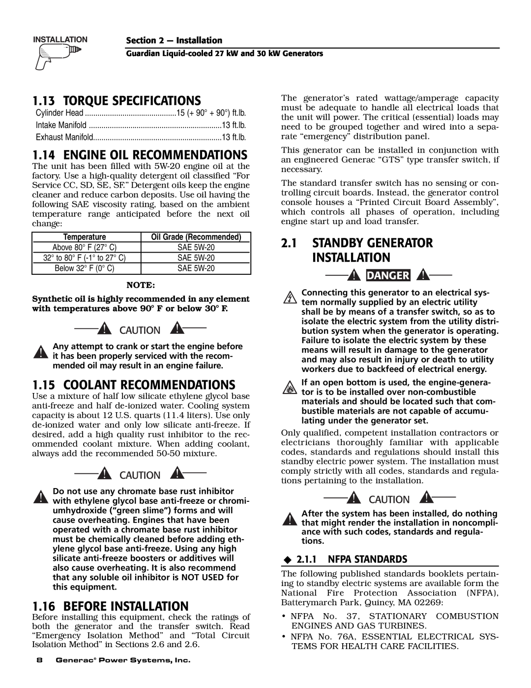 Generac Power Systems 004988-1 Torque Specifications, Engine Oil Recommendations, Coolant Recommendations, Temperature 