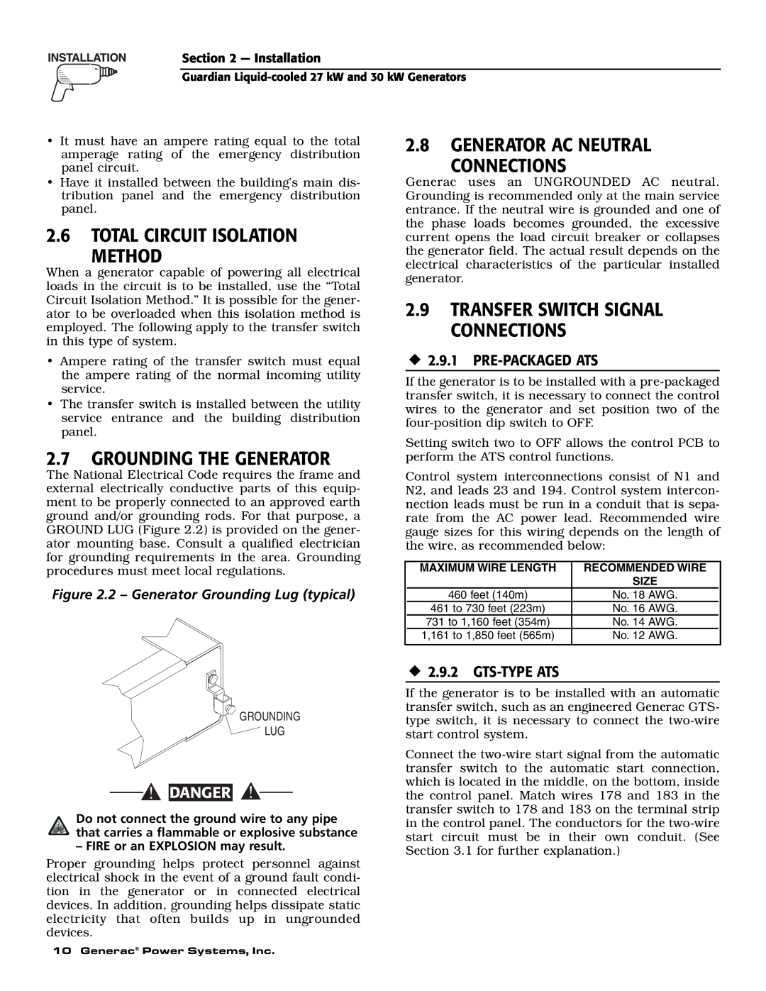 Generac Power Systems 004988-1 2.6TOTAL CIRCUIT ISOLATION METHOD, 2.7GROUNDING THE GENERATOR, ‹2.9.1 PRE-PACKAGEDATS 