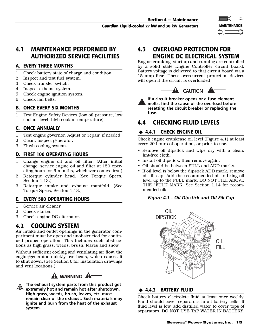 Generac Power Systems 004988-1 4.3OVERLOAD PROTECTION FOR, Engine Dc Electrical System, 4.4CHECKING FLUID LEVELS, Dipstick 
