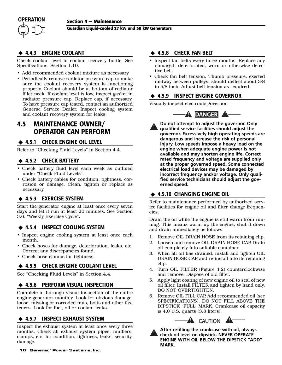 Generac Power Systems 004988-1 owner manual 4.5MAINTENANCE OWNER/ OPERATOR CAN PERFORM, Danger 