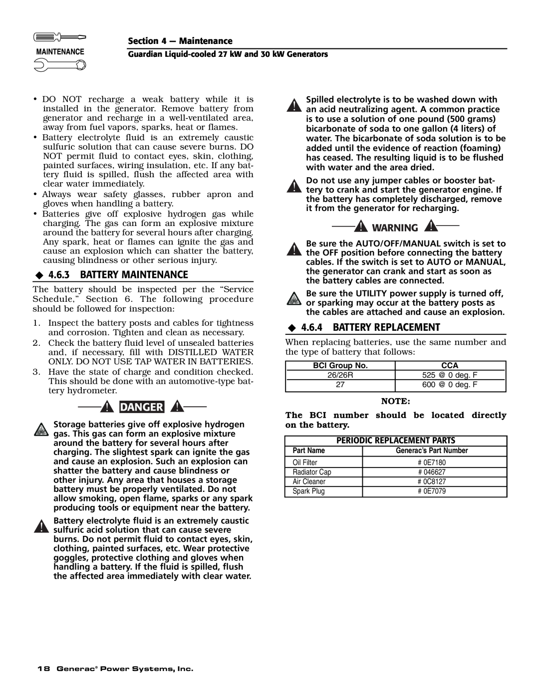 Generac Power Systems 004988-1 owner manual ‹4.6.3 BATTERY MAINTENANCE, ‹4.6.4 BATTERY REPLACEMENT, Danger 