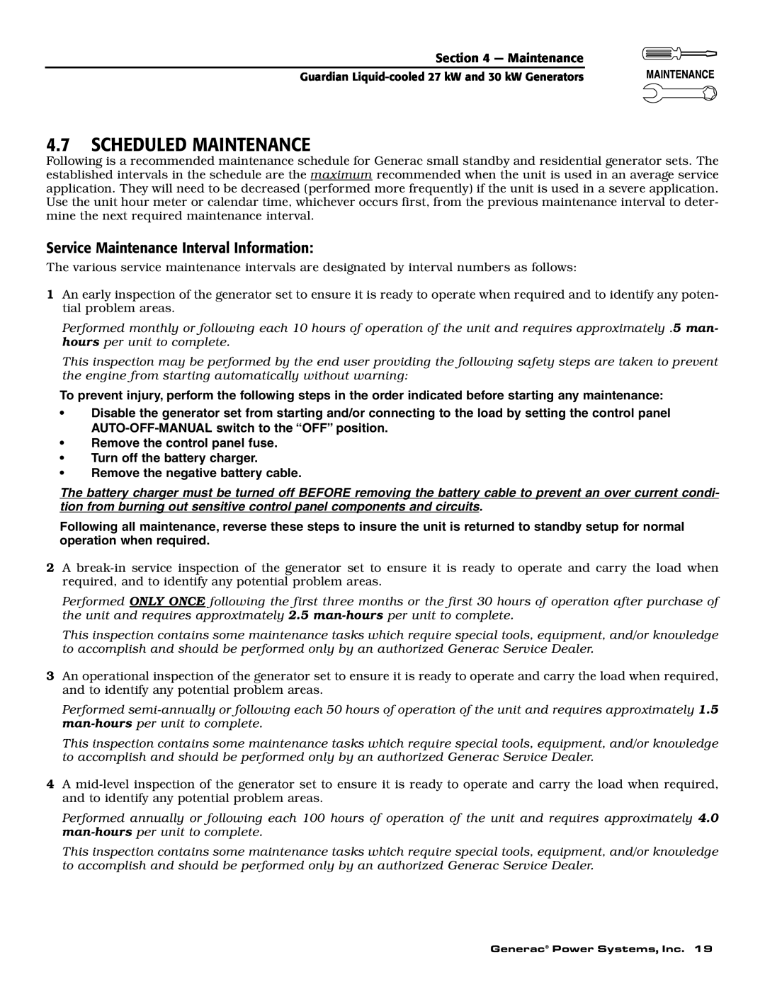Generac Power Systems 004988-1 owner manual 4.7SCHEDULED MAINTENANCE, Service Maintenance Interval Information 