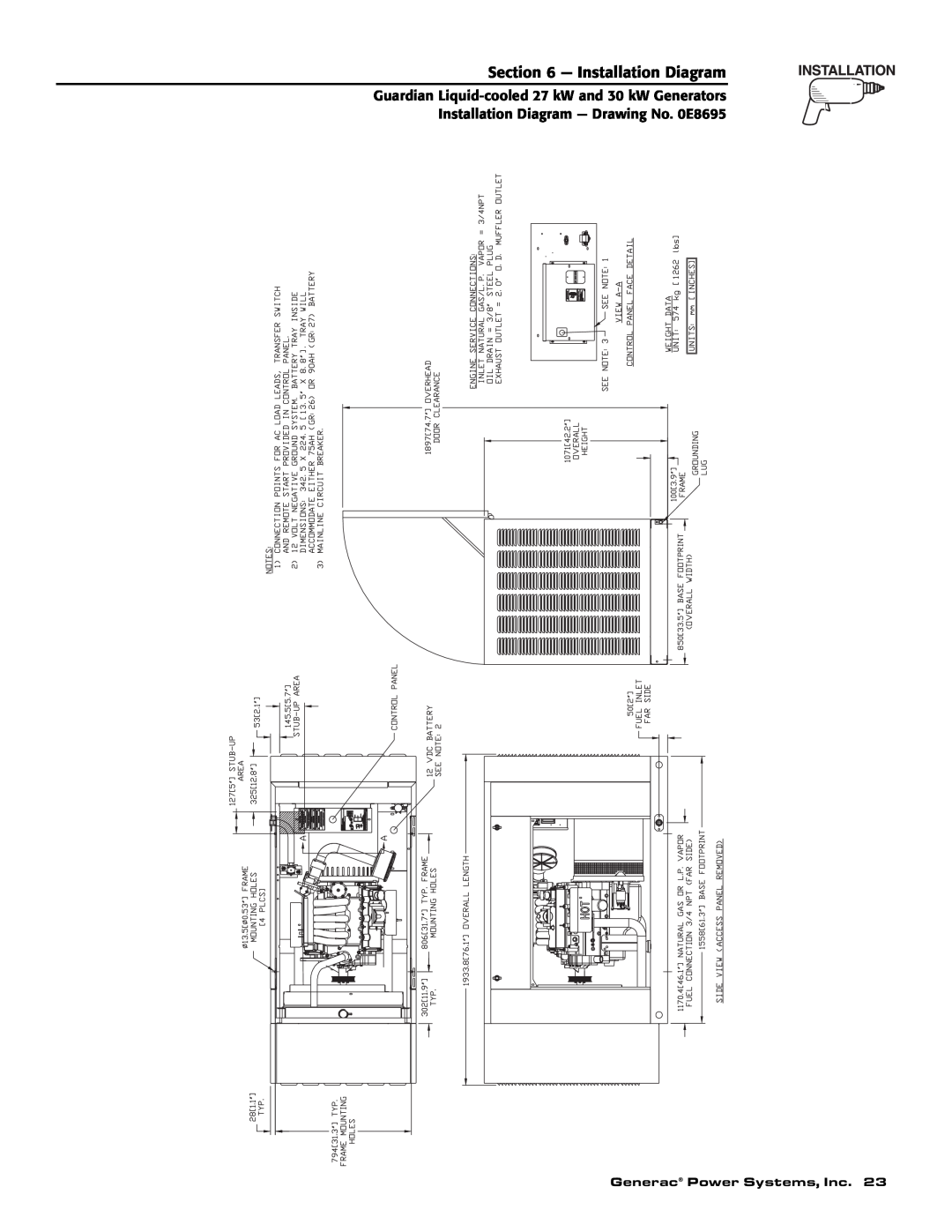 Generac Power Systems 004988-1 owner manual Installation Diagram, Guardian Liquid-cooled27 kW and 30 kW Generators 