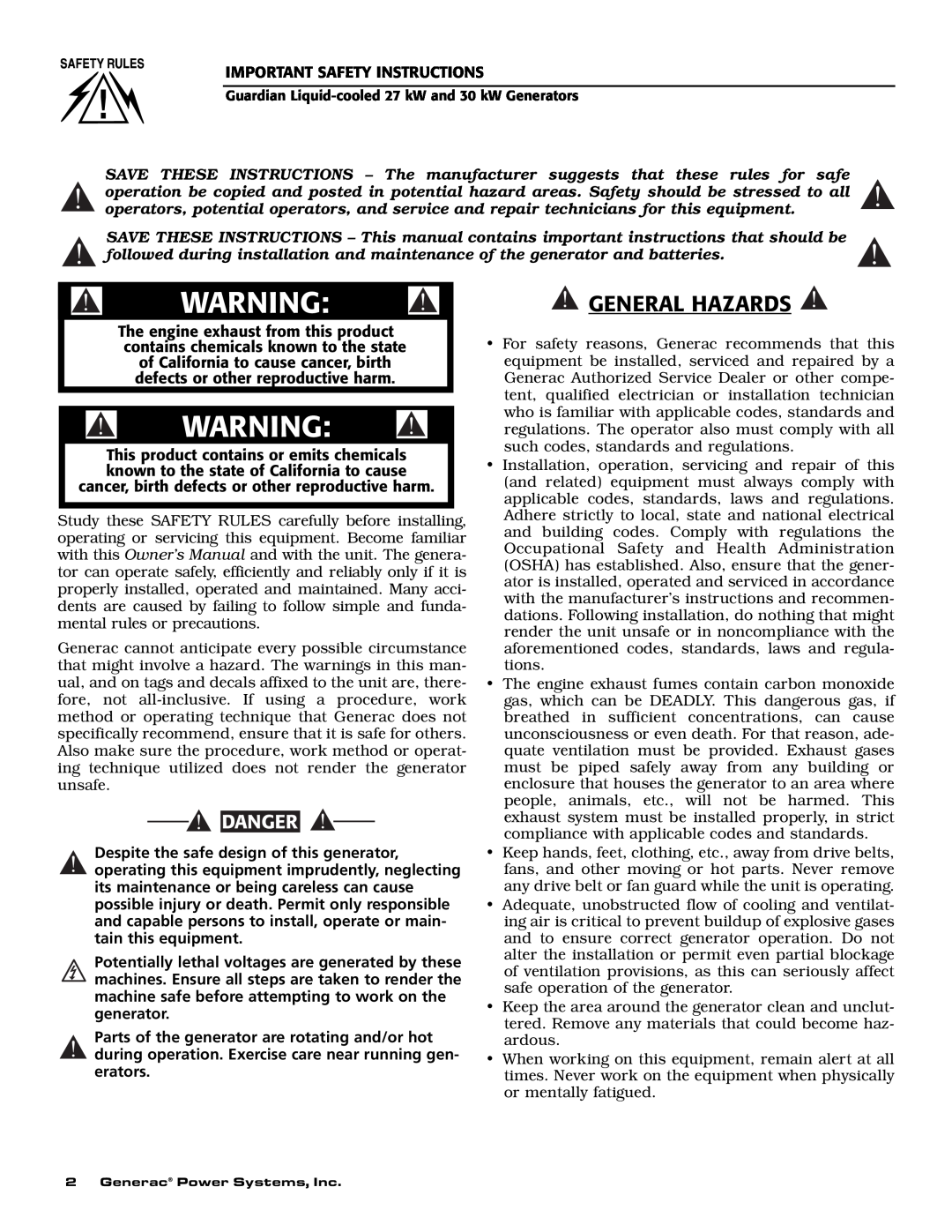 Generac Power Systems 004988-1 owner manual General Hazards, Despite the safe design of this generator, Danger 
