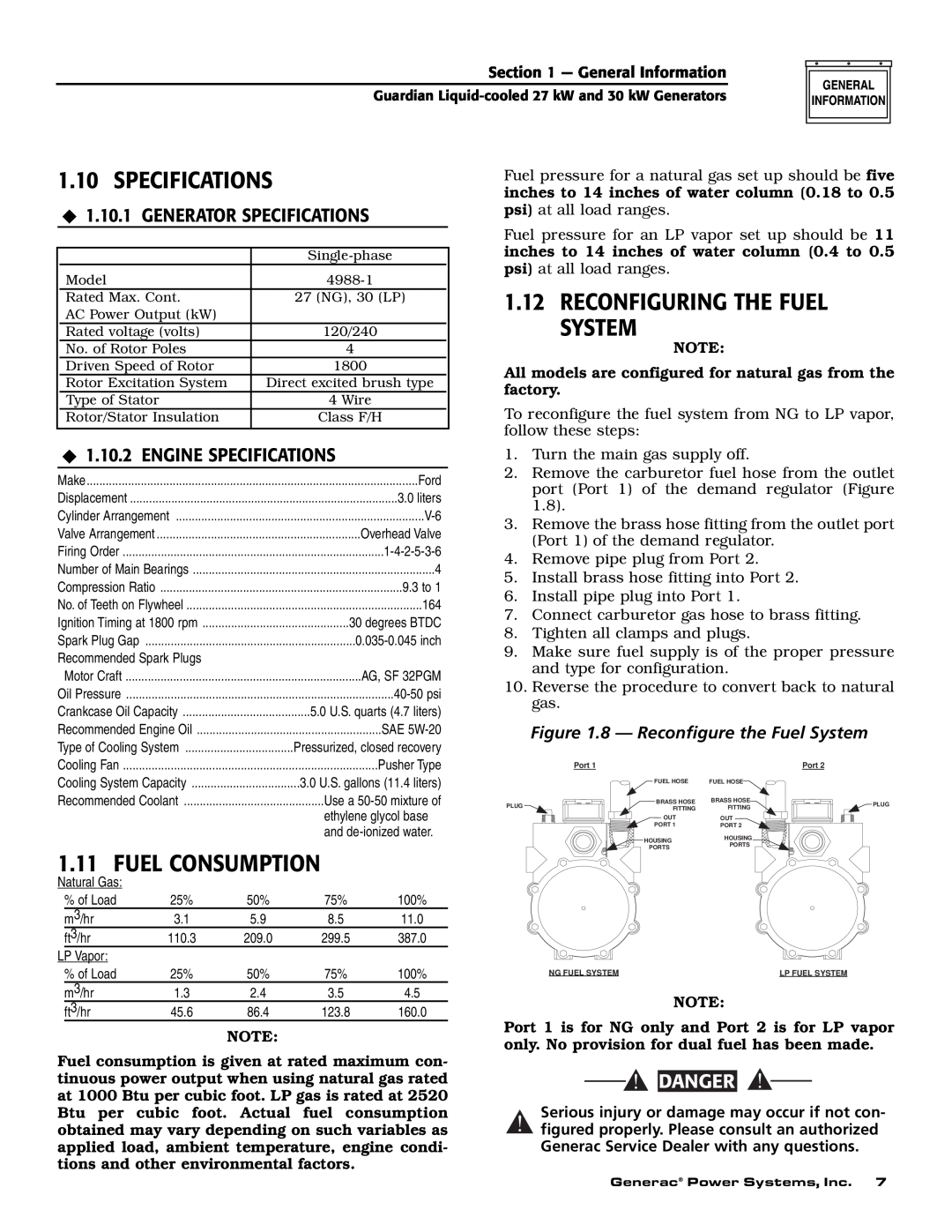 Generac Power Systems 004988-1 owner manual Specifications, Fuel Consumption, 1.12RECONFIGURING THE FUEL SYSTEM, Danger 