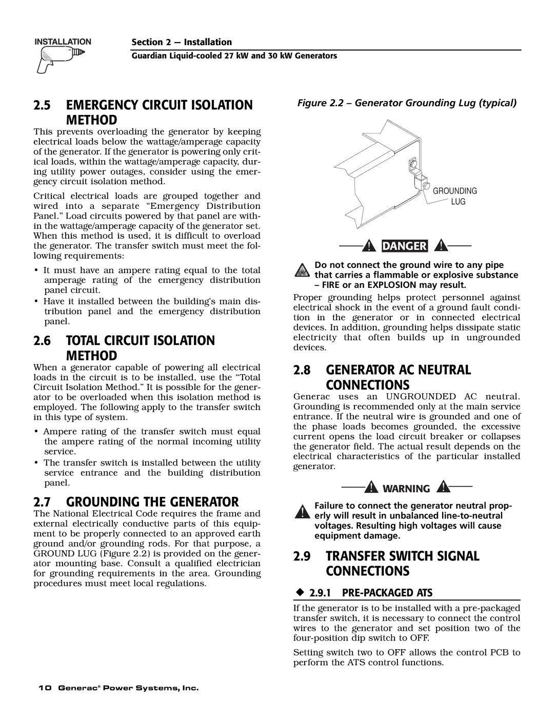 Generac Power Systems 004988-2 Emergency Circuit Isolation Method, Total Circuit Isolation Method, Grounding the Generator 