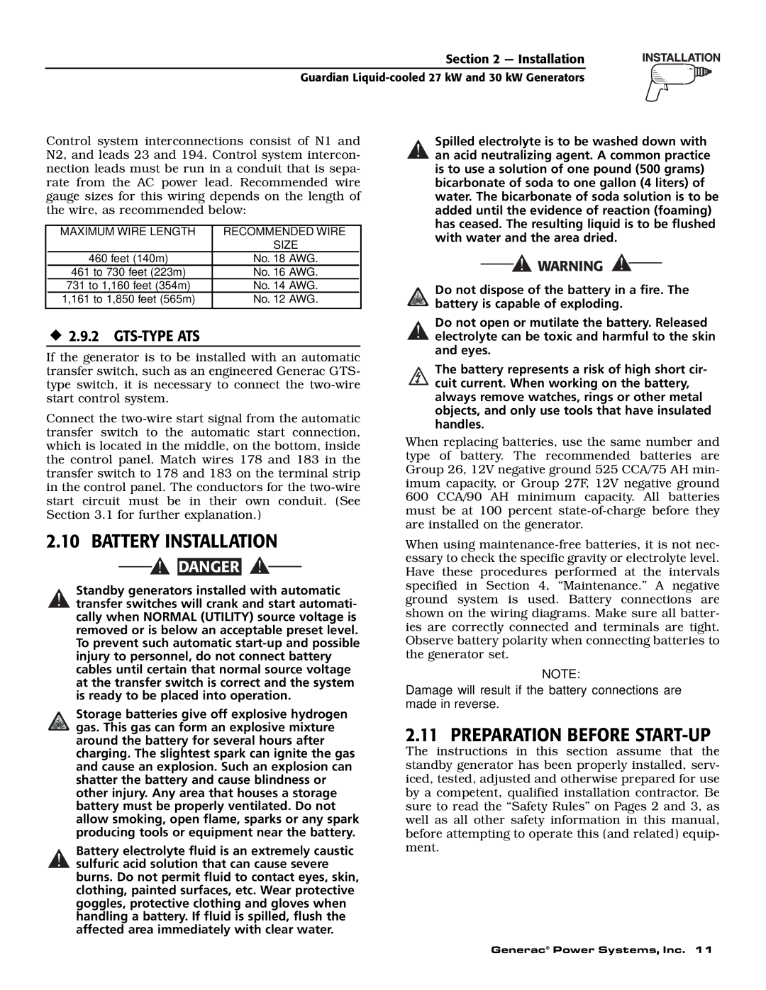 Generac Power Systems 004988-2 owner manual Battery Installation, Preparation Before START-UP, ‹ 2.9.2 GTS-TYPE ATS 