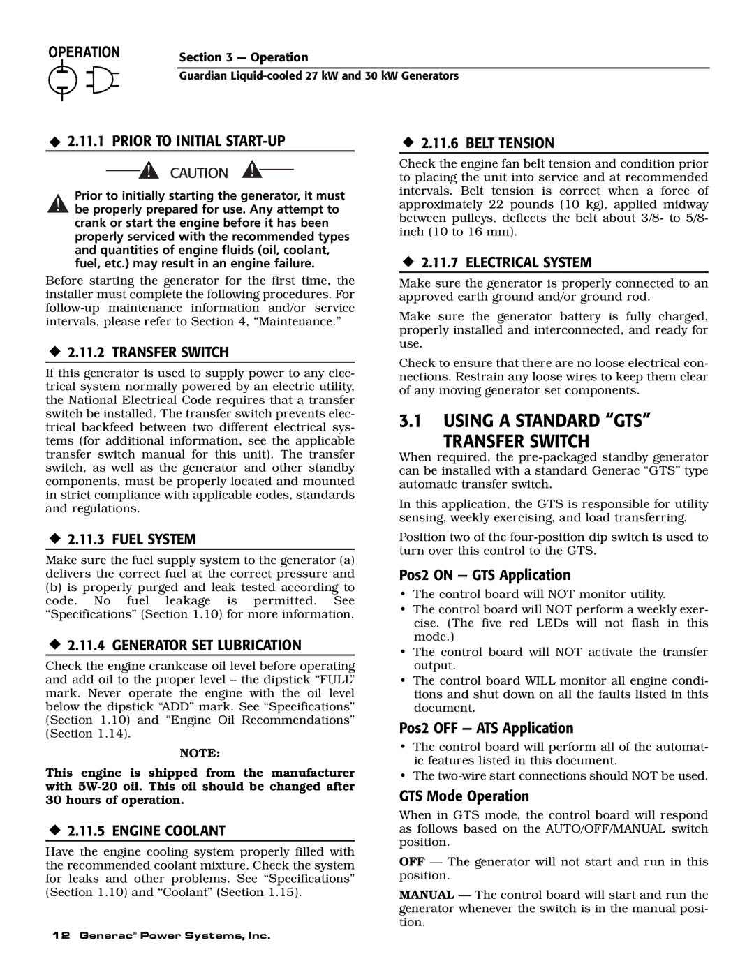 Generac Power Systems 004988-2 owner manual Using a Standard GTS Transfer Switch 