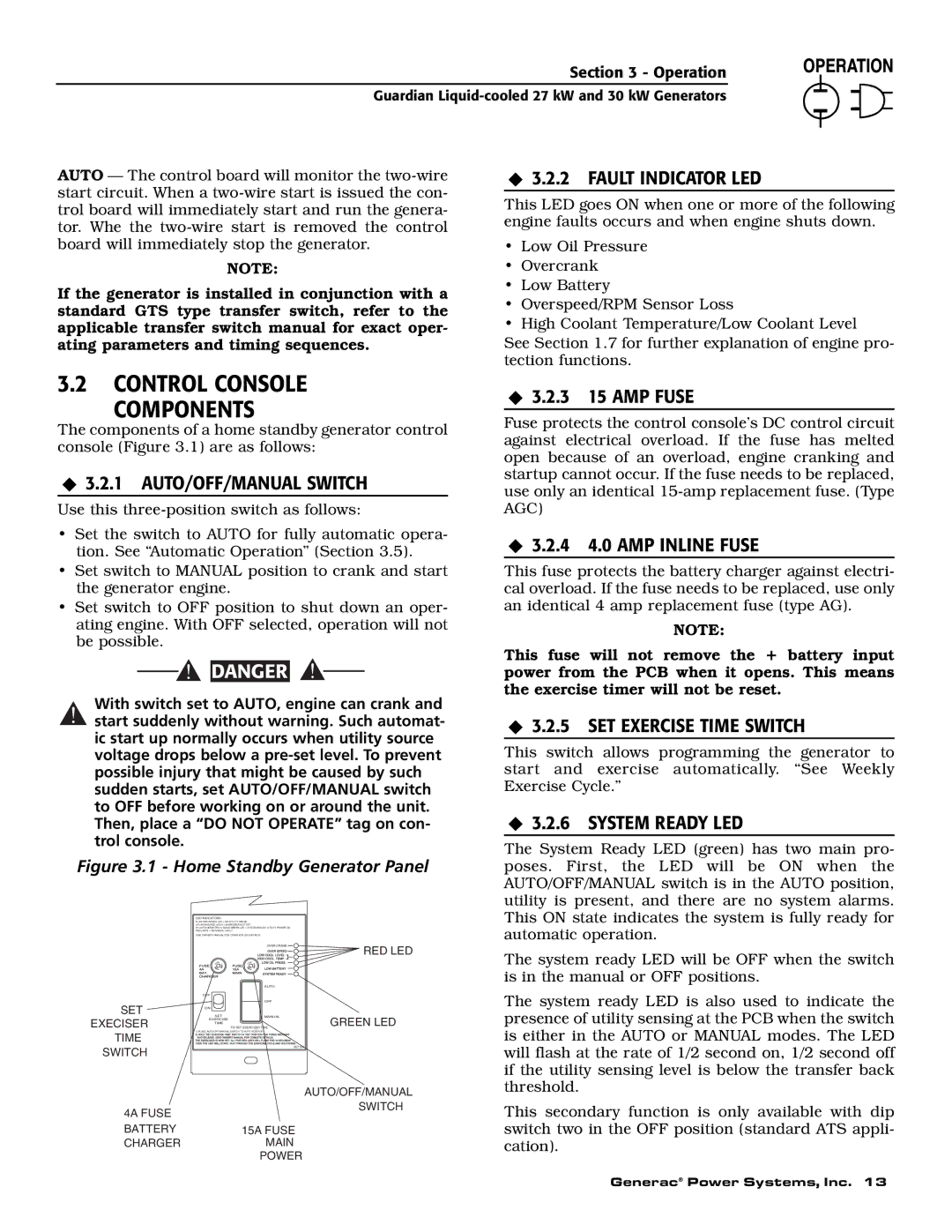 Generac Power Systems 004988-2 Control Console Components, ‹ 3.2.2 Fault Indicator LED, ‹ 3.2.1 AUTO/OFF/MANUAL Switch 