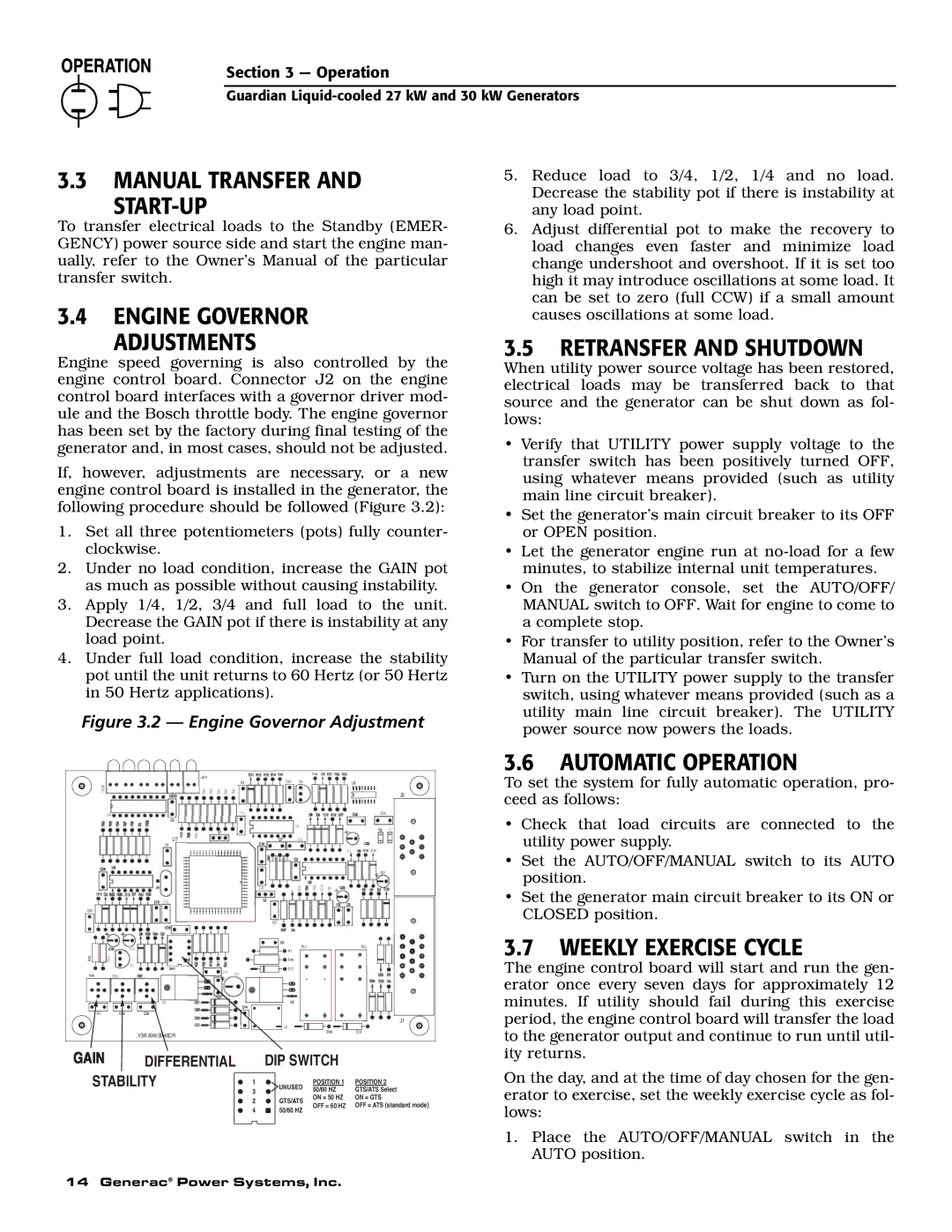 Generac Power Systems 004988-2 owner manual Manual Transfer START-UP Engine Governor Adjustments, Retransfer and Shutdown 