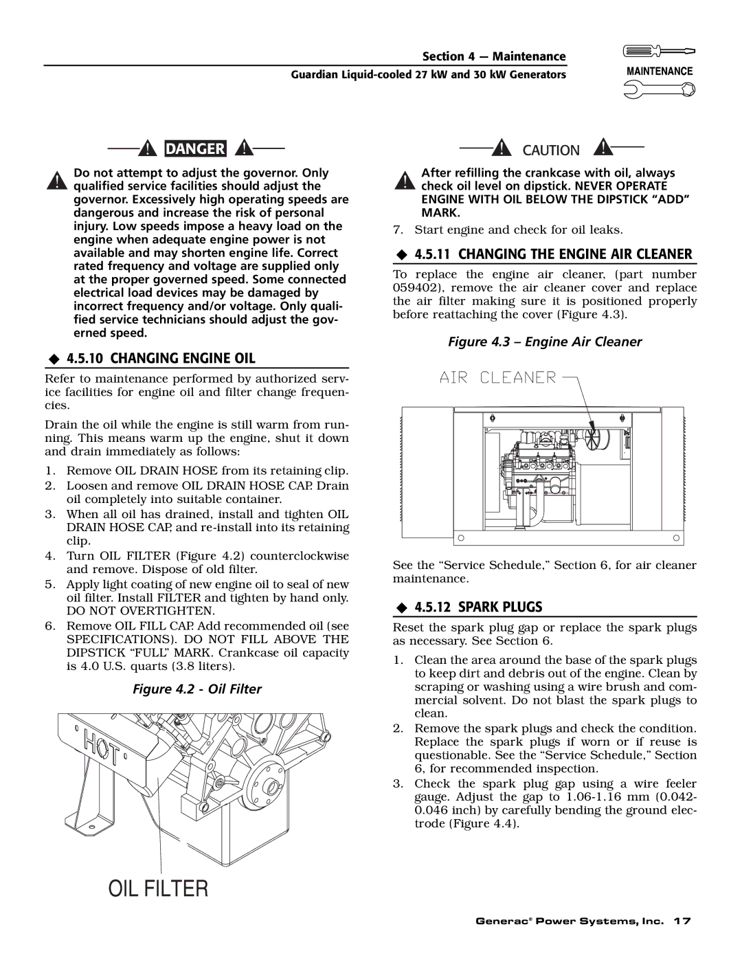 Generac Power Systems 004988-2 owner manual ‹ 4.5.10 Changing Engine OIL, ‹ 4.5.11 Changing the Engine AIR Cleaner 