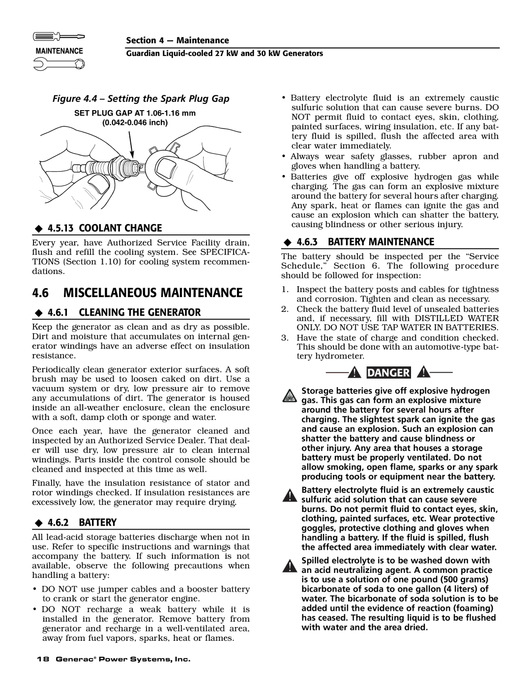 Generac Power Systems 004988-2 Miscellaneous Maintenance, ‹ 4.5.13 Coolant Change, ‹ 4.6.1 Cleaning the Generator 