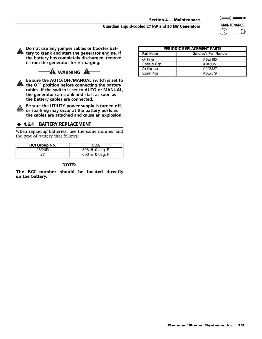 Generac Power Systems 004988-2 owner manual ‹ 4.6.4 Battery Replacement, Periodic Replacement Parts 