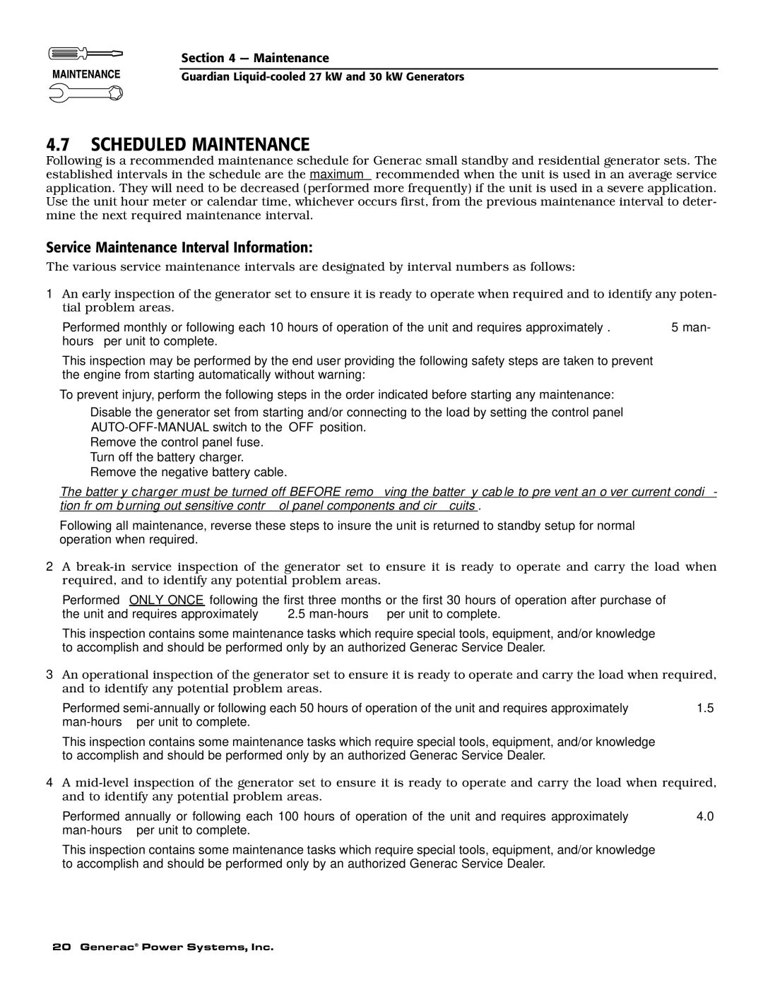 Generac Power Systems 004988-2 owner manual Scheduled Maintenance, Service Maintenance Interval Information 