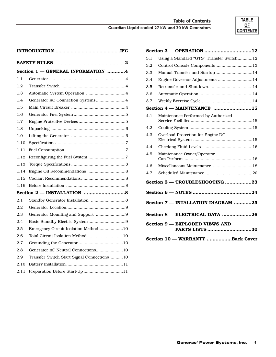 Generac Power Systems 004988-2 owner manual Table of Contents 