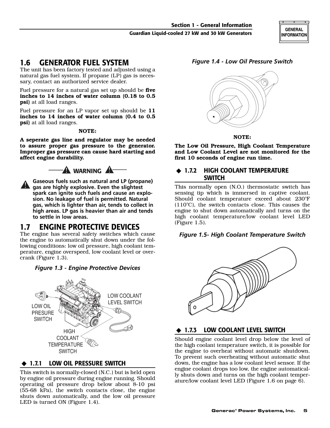 Generac Power Systems 004988-2 owner manual Engine Protective Devices, ‹ 1.7.2 High Coolant Temperature Switch 