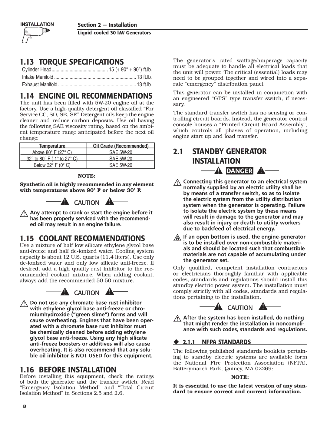 Generac Power Systems 004988-4 Torque Specifications, Engine OIL Recommendations, Standby Generator Installation 