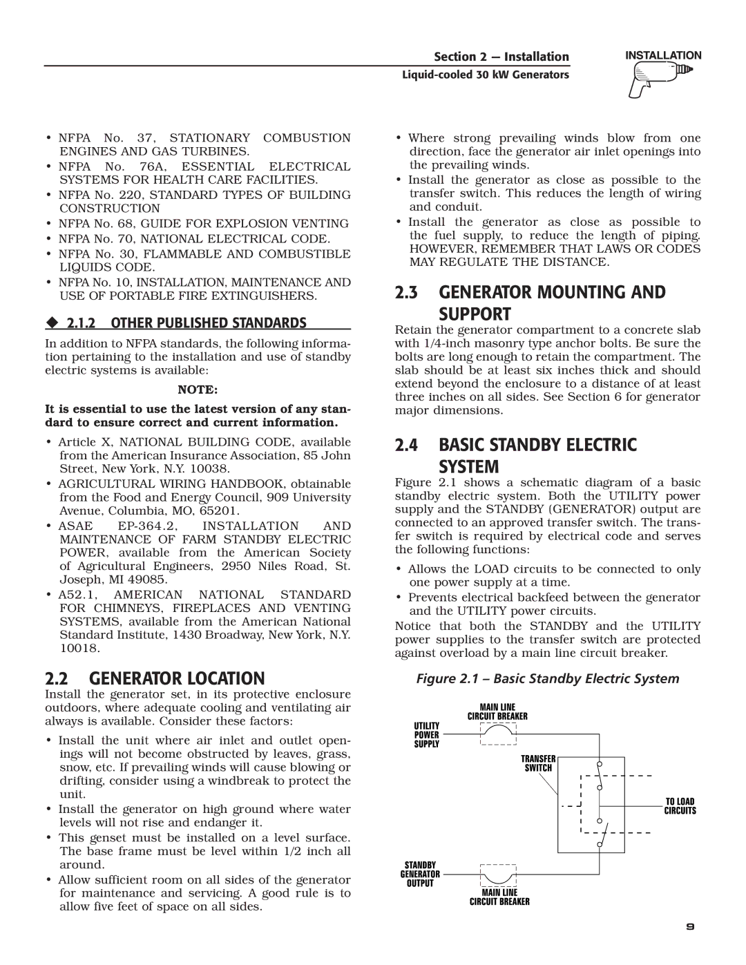 Generac Power Systems 004988-4 owner manual Generator Mounting Support, Basic Standby Electric System 