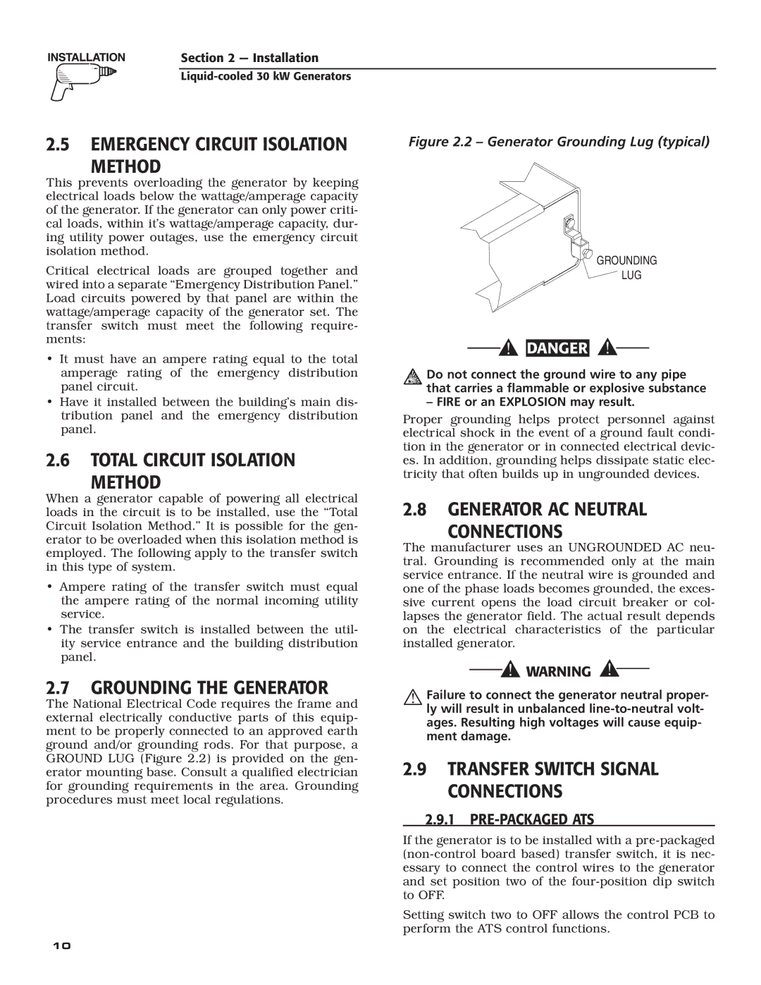 Generac Power Systems 004988-4 Emergency Circuit Isolation Method, Total Circuit Isolation Method, Grounding the Generator 