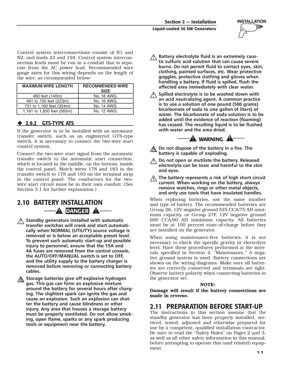 Generac Power Systems 004988-4 owner manual Battery Installation, Preparation Before START-UP, ‹ 2.9.2 GTS-TYPE ATS 