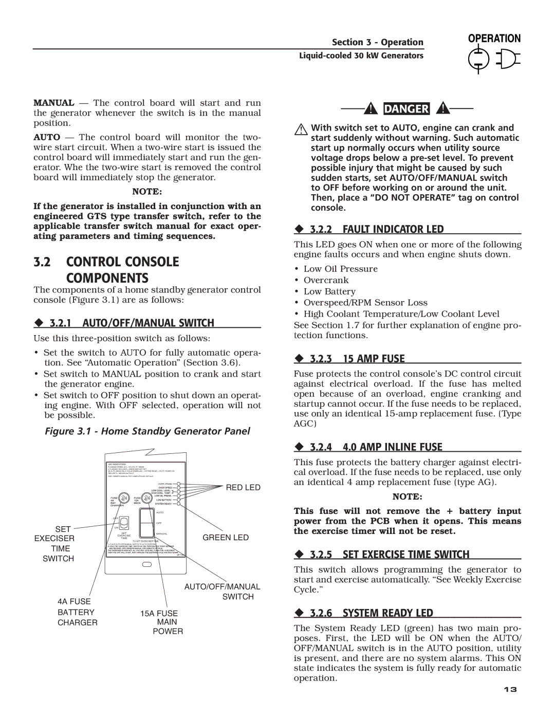 Generac Power Systems 004988-4 Control Console Components, ‹ 3.2.1 AUTO/OFF/MANUAL Switch, ‹ 3.2.2 Fault Indicator LED 