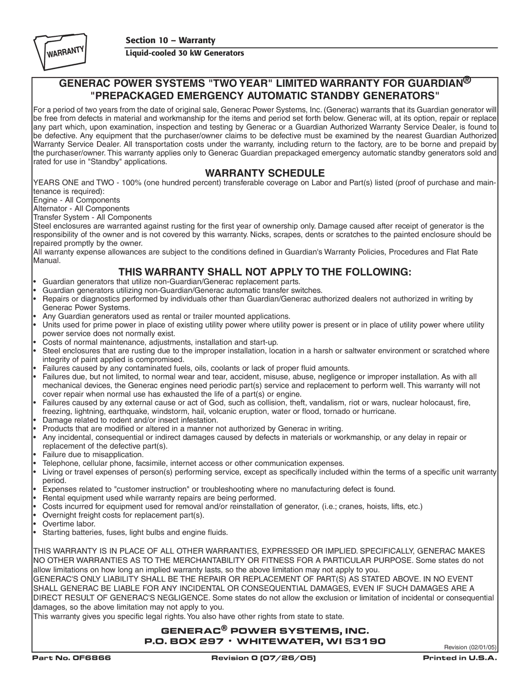 Generac Power Systems 004988-4 owner manual Warranty Schedule 