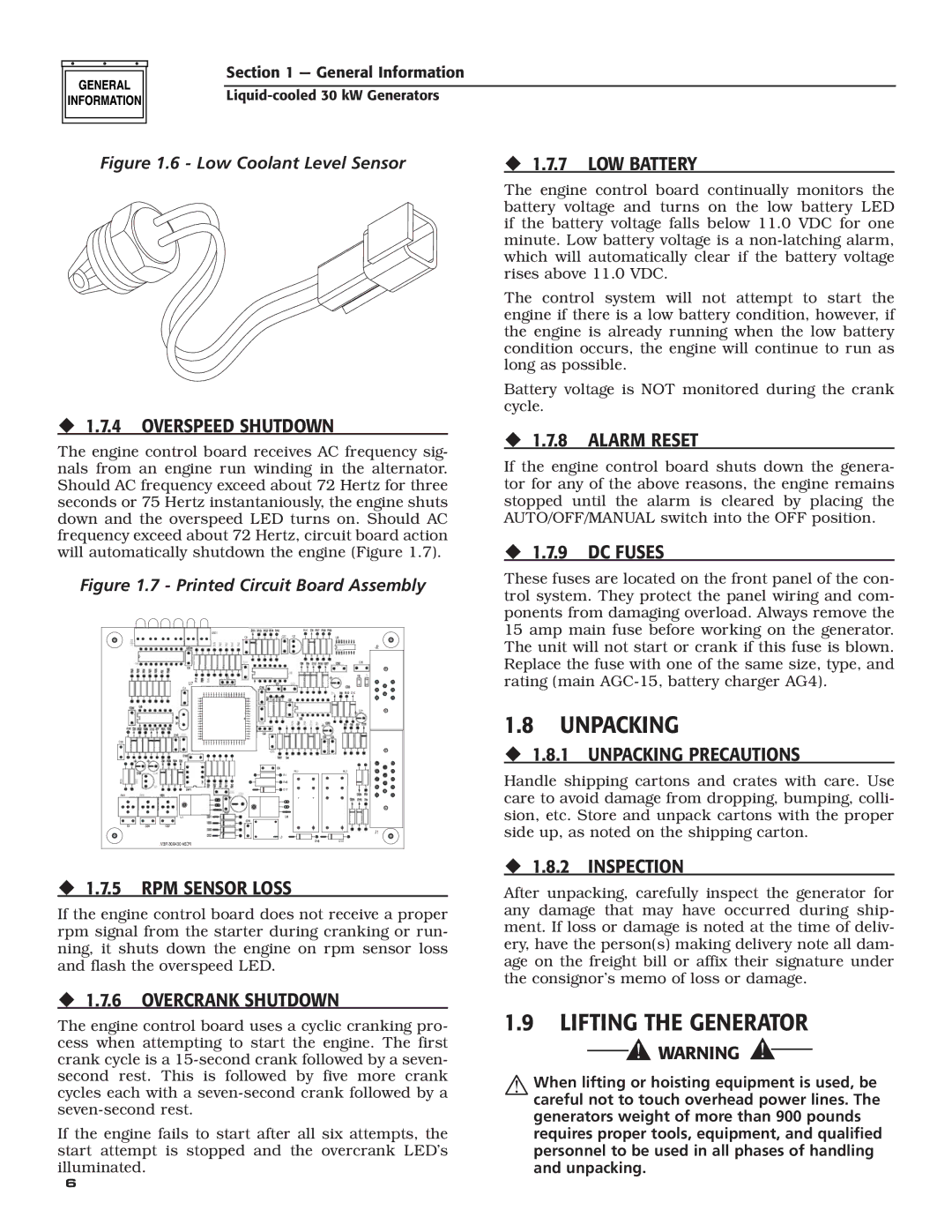 Generac Power Systems 004988-4 owner manual Unpacking, Lifting the Generator 