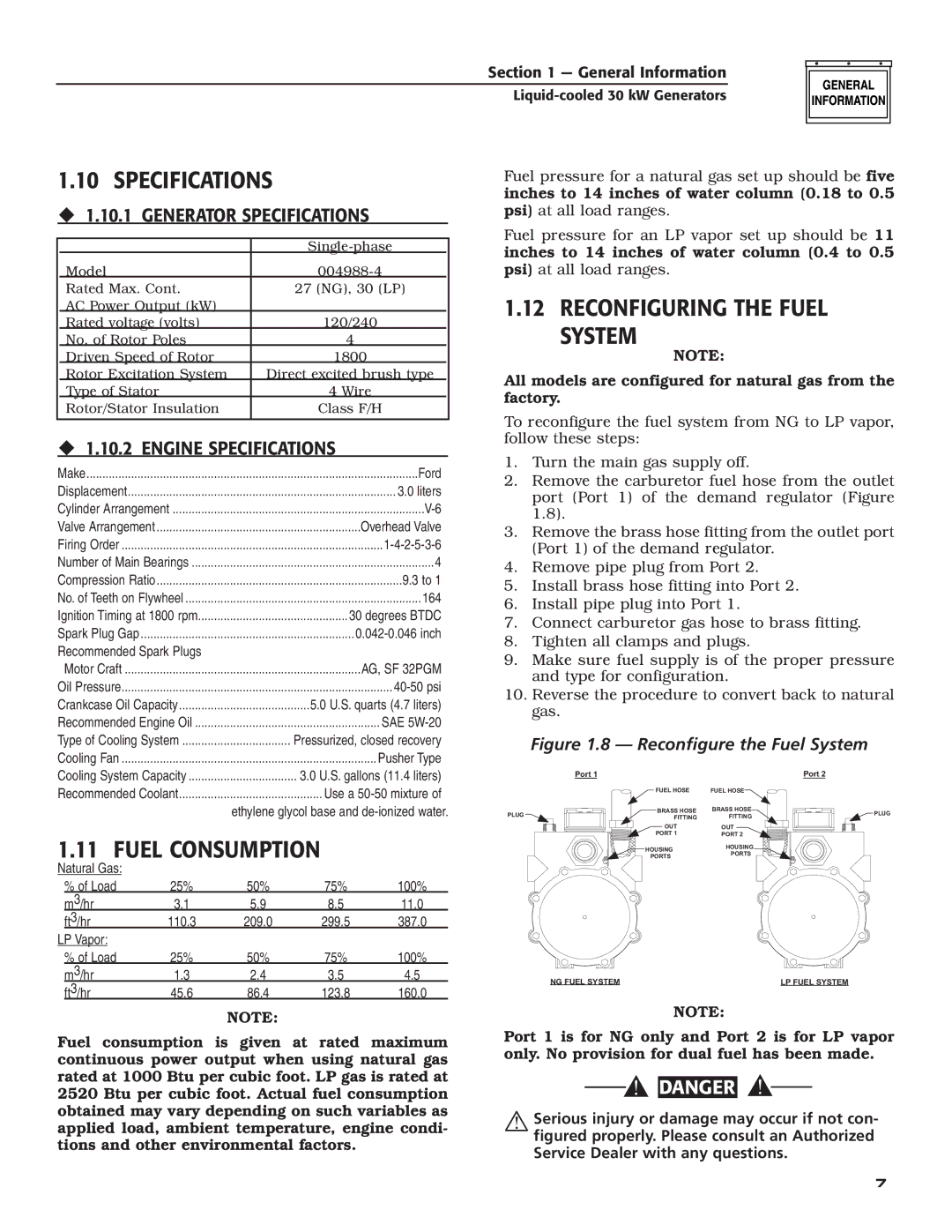 Generac Power Systems 004988-4 owner manual Specifications, Reconfiguring the Fuel System, Fuel Consumption 