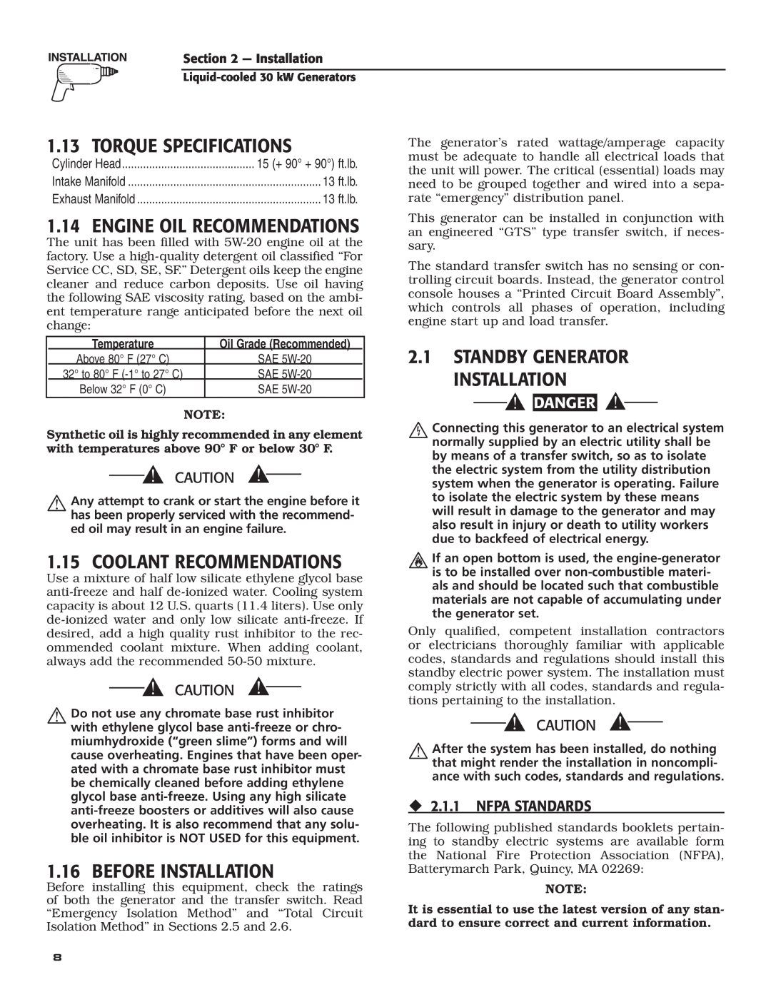 Generac Power Systems 004988-4 Torque Specifications, Engine Oil Recommendations, Standby Generator Installation, 13 ft.lb 