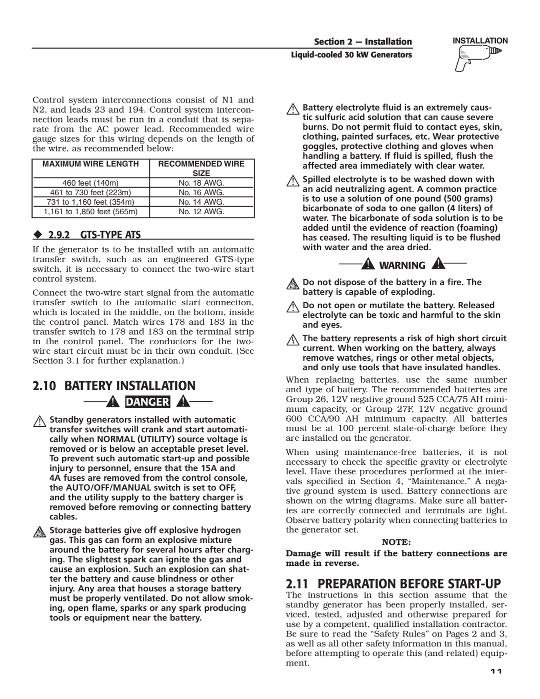 Generac Power Systems 004988-4 owner manual Battery Installation, Preparation Before Start-Up, ‹ 2.9.2 GTS-TYPE ATS, Danger 