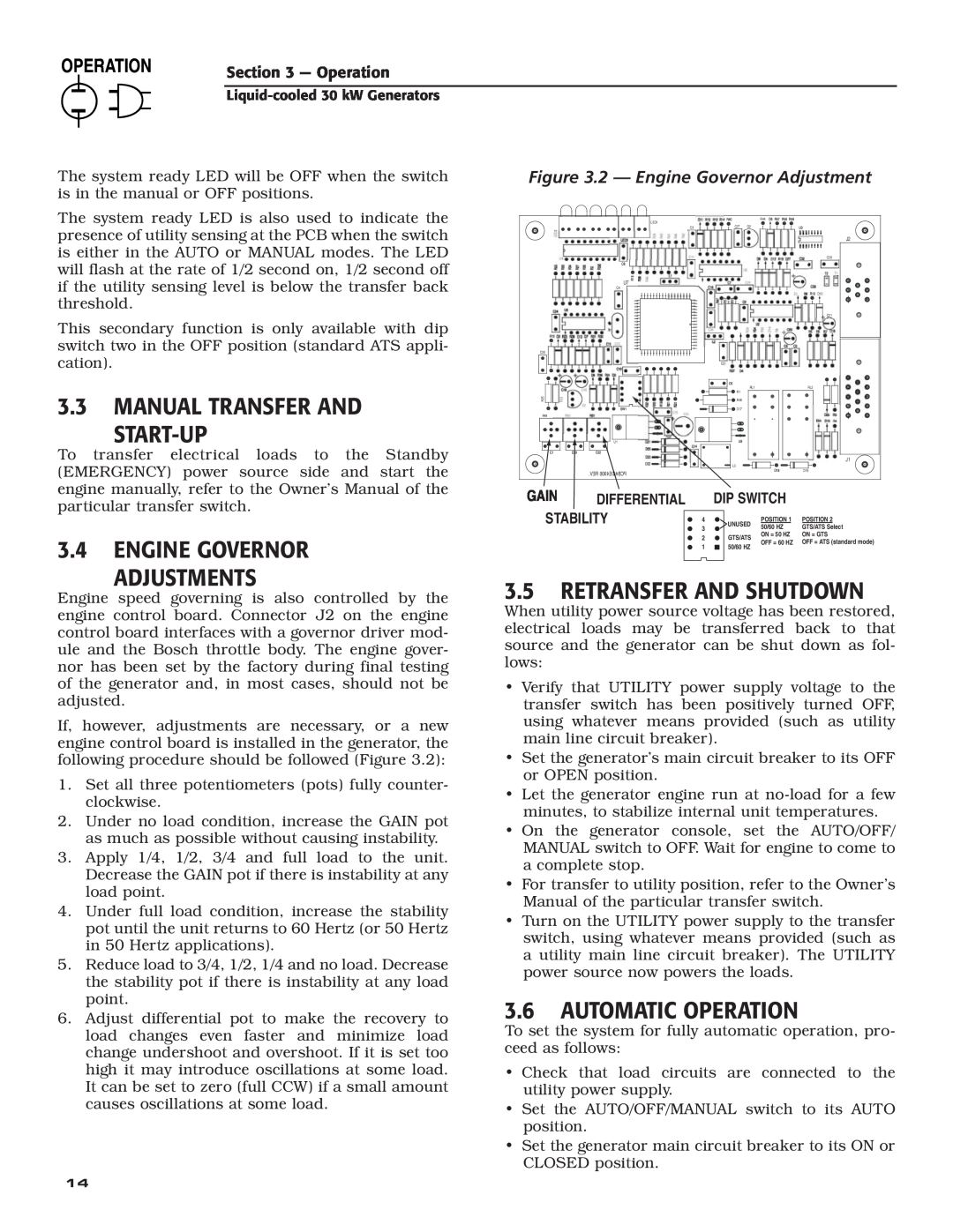 Generac Power Systems 004988-4 Manual Transfer And Start-Up, Engine Governor, Adjustments, Retransfer And Shutdown 