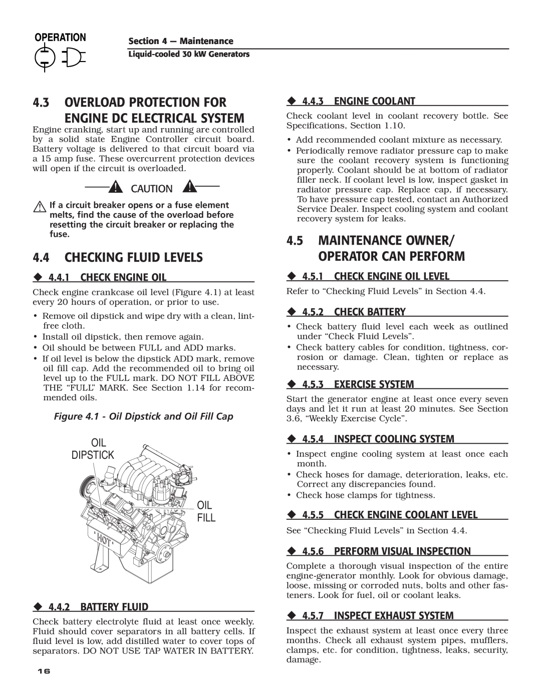 Generac Power Systems 004988-4 owner manual Overload Protection For Engine Dc Electrical System, Checking Fluid Levels 