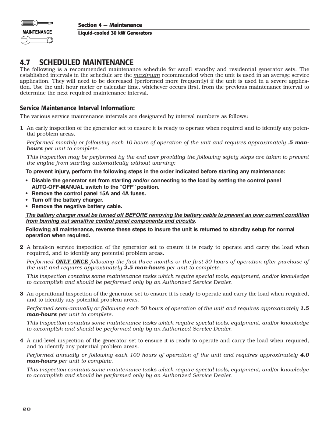 Generac Power Systems 004988-4 owner manual Scheduled Maintenance, Service Maintenance Interval Information 