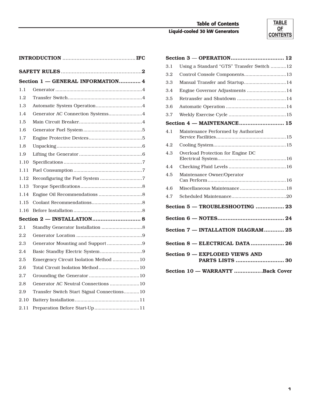 Generac Power Systems 004988-4 owner manual Table of Contents 