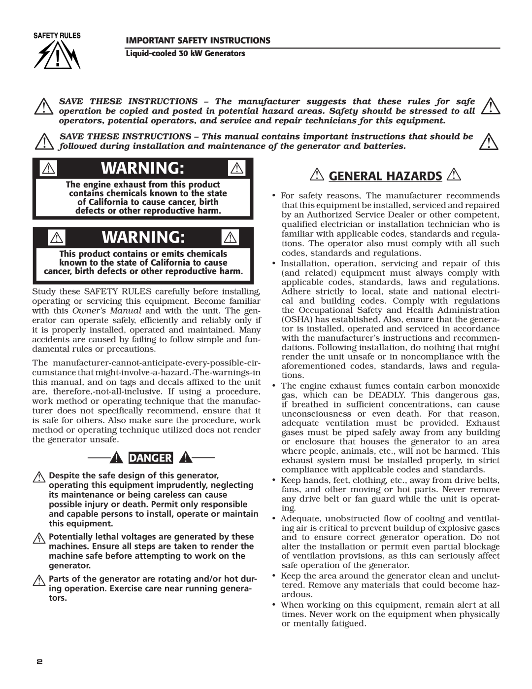 Generac Power Systems 004988-4 owner manual  General Hazards ,  Warning , Danger 