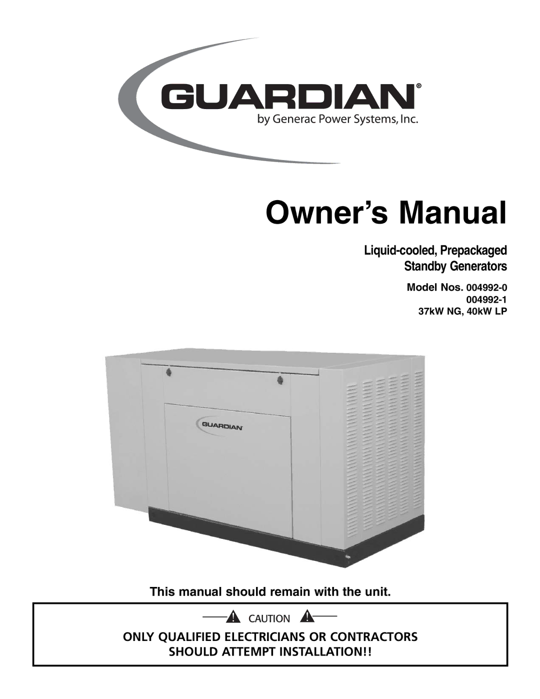 Generac Power Systems 004992-0, 004992-1, 004992-1, 004992-0 owner manual Liquid-cooled, Prepackaged Standby Generators 