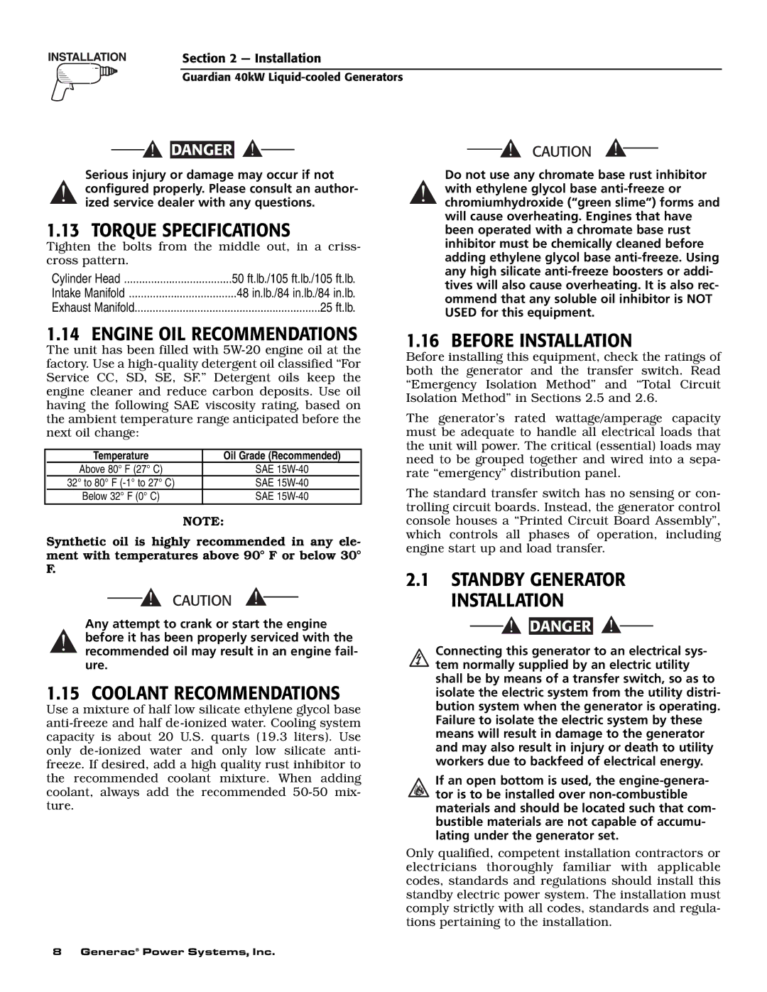 Generac Power Systems 004992-0, 004992-1 Torque Specifications, Engine OIL Recommendations, Coolant Recommendations 