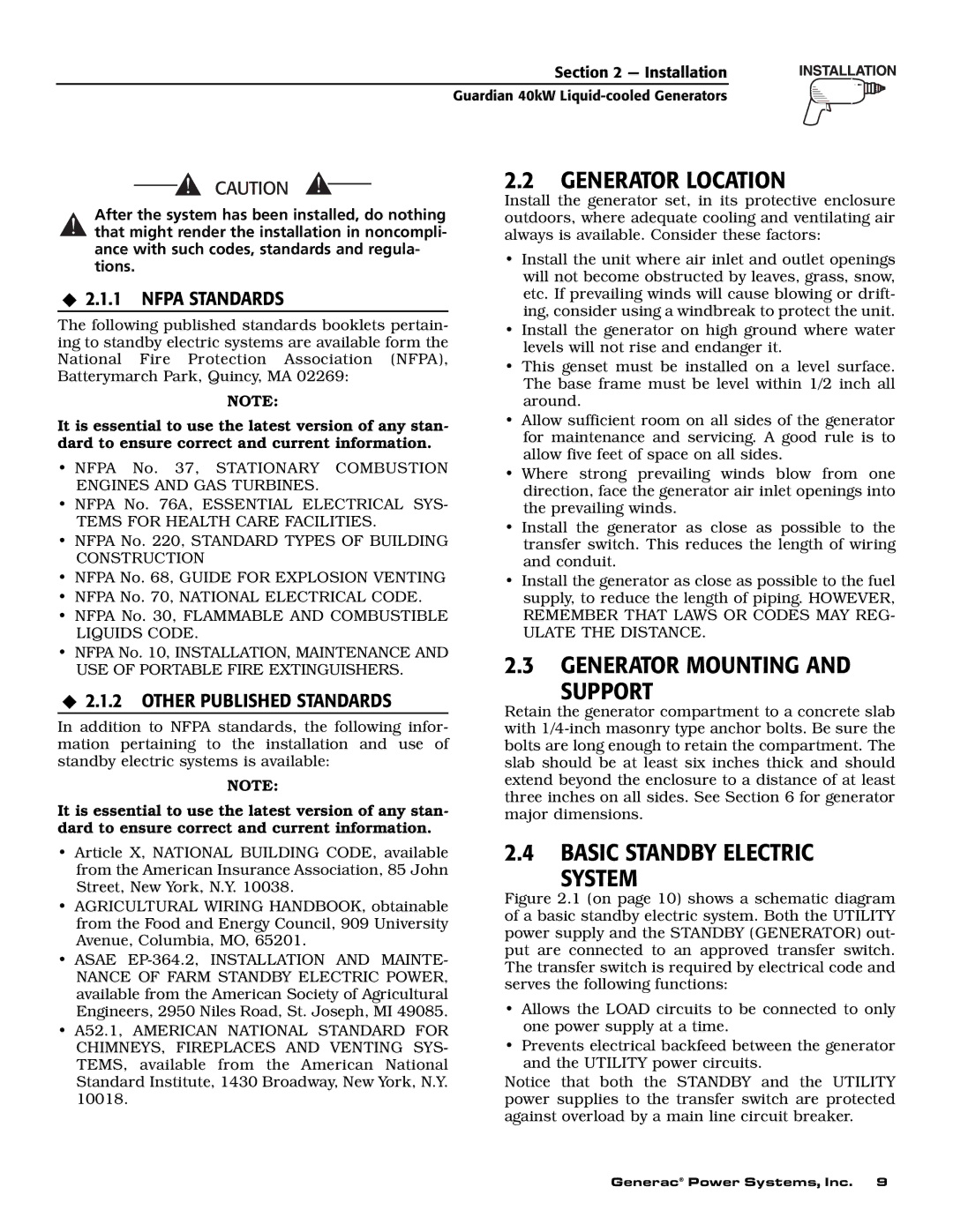 Generac Power Systems 004992-0, 004992-1, 37kW NG, 40kW LP owner manual Generator Location, Generator Mounting Support 