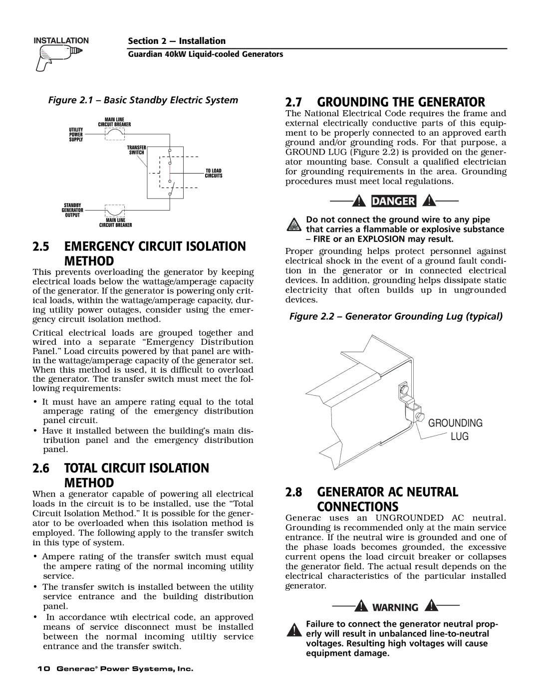 Generac Power Systems 004992-1, 004992-0 owner manual Emergency Circuit Isolation Method, Total Circuit Isolation Method 