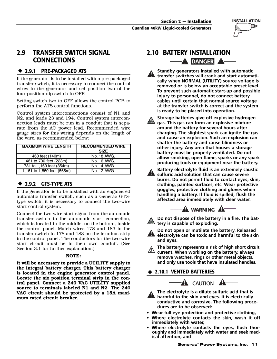 Generac Power Systems 004992-0, 004992-1 Transfer Switch Signal Connections, Battery Installation, ‹ 2.9.2 GTS-TYPE ATS 