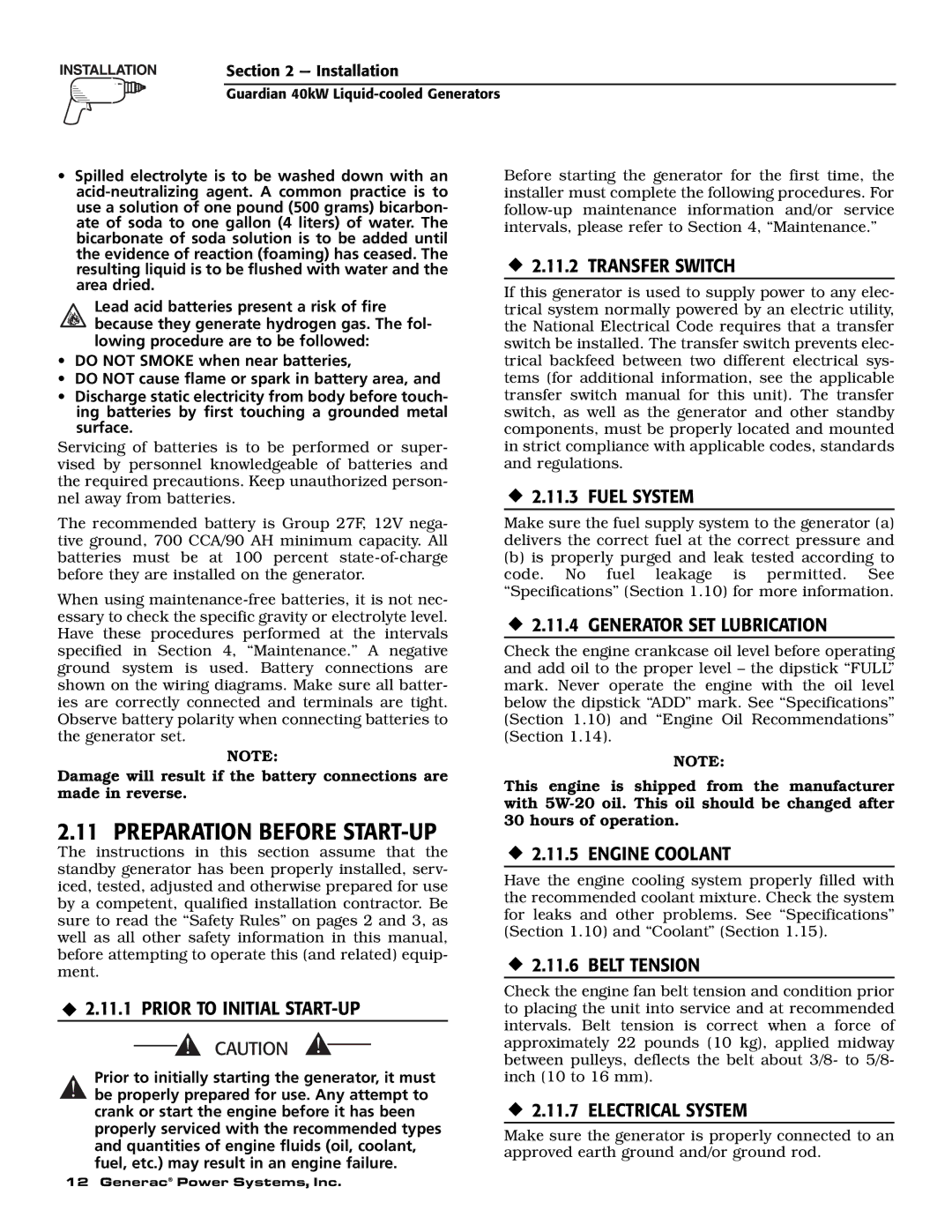 Generac Power Systems 004992-0, 004992-1, 37kW NG, 40kW LP, 004992-1, 004992-0 owner manual Preparation Before START-UP 