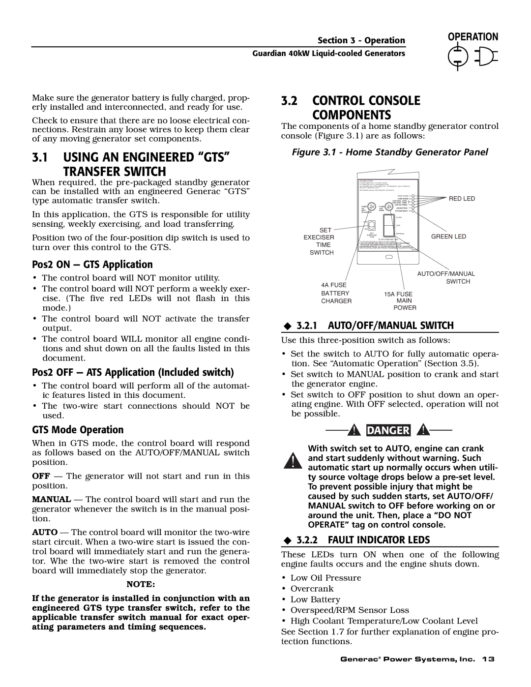 Generac Power Systems 004992-1, 004992-0 owner manual Control Console Components, Using AN Engineered GTS Transfer Switch 