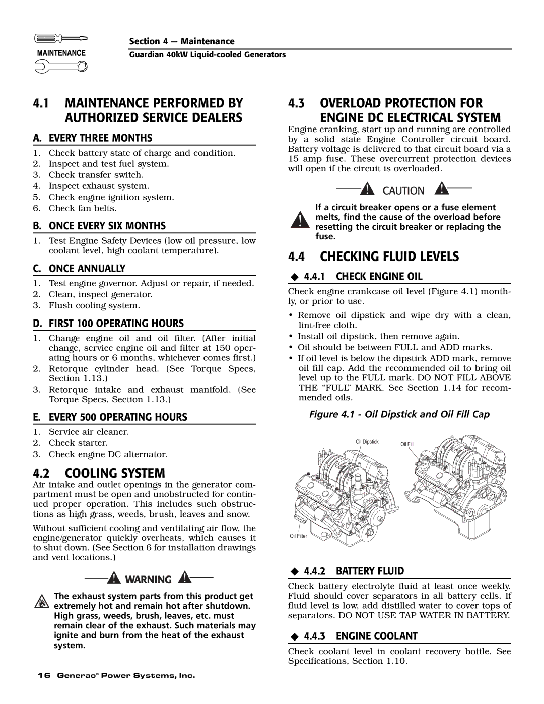 Generac Power Systems 004992-1, 004992-0 Overload Protection for Engine DC Electrical System, Checking Fluid Levels 