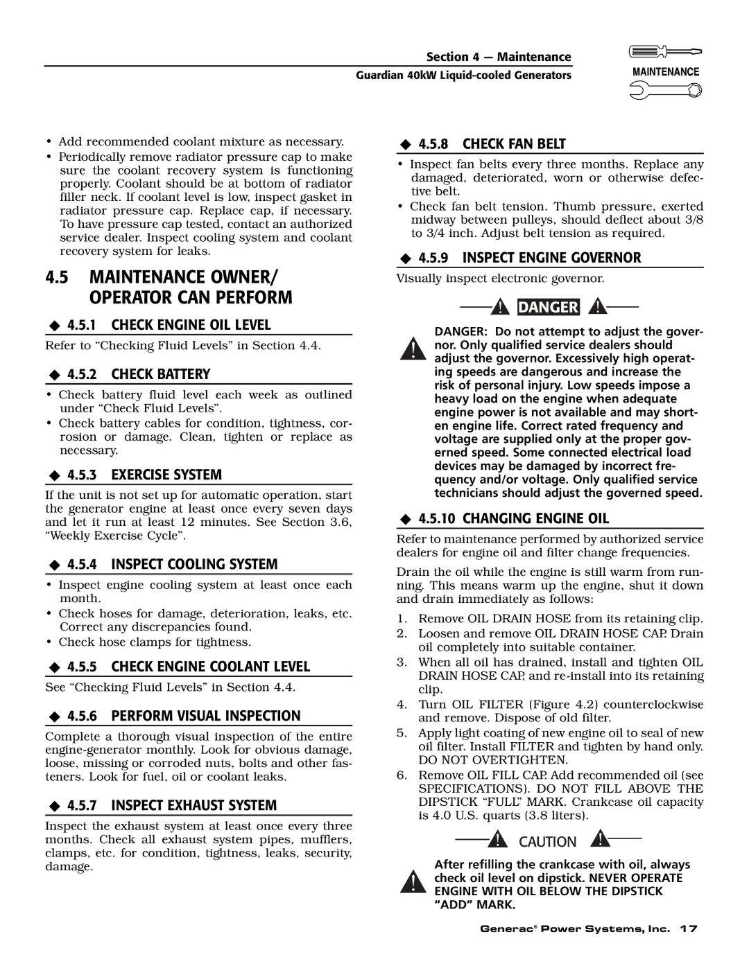Generac Power Systems 004992-0, 004992-1 ‹ 4.5.8 Check FAN Belt, ‹ 4.5.9 Inspect Engine Governor, ‹ 4.5.2 Check Battery 