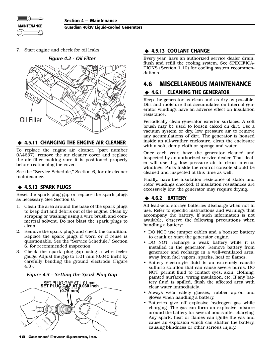 Generac Power Systems 004992-0, 004992-1, 37kW NG, 40kW LP owner manual Miscellaneous Maintenance, ‹ 4.5.13 Coolant Change 