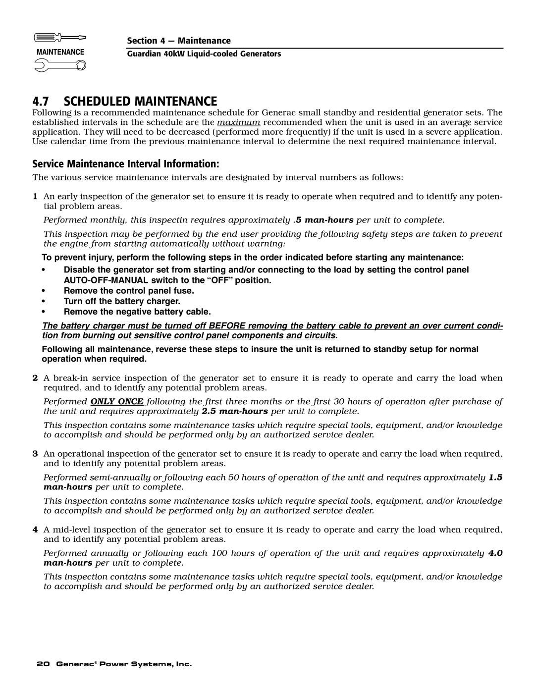 Generac Power Systems 004992-0, 004992-1 owner manual Scheduled Maintenance, Service Maintenance Interval Information 