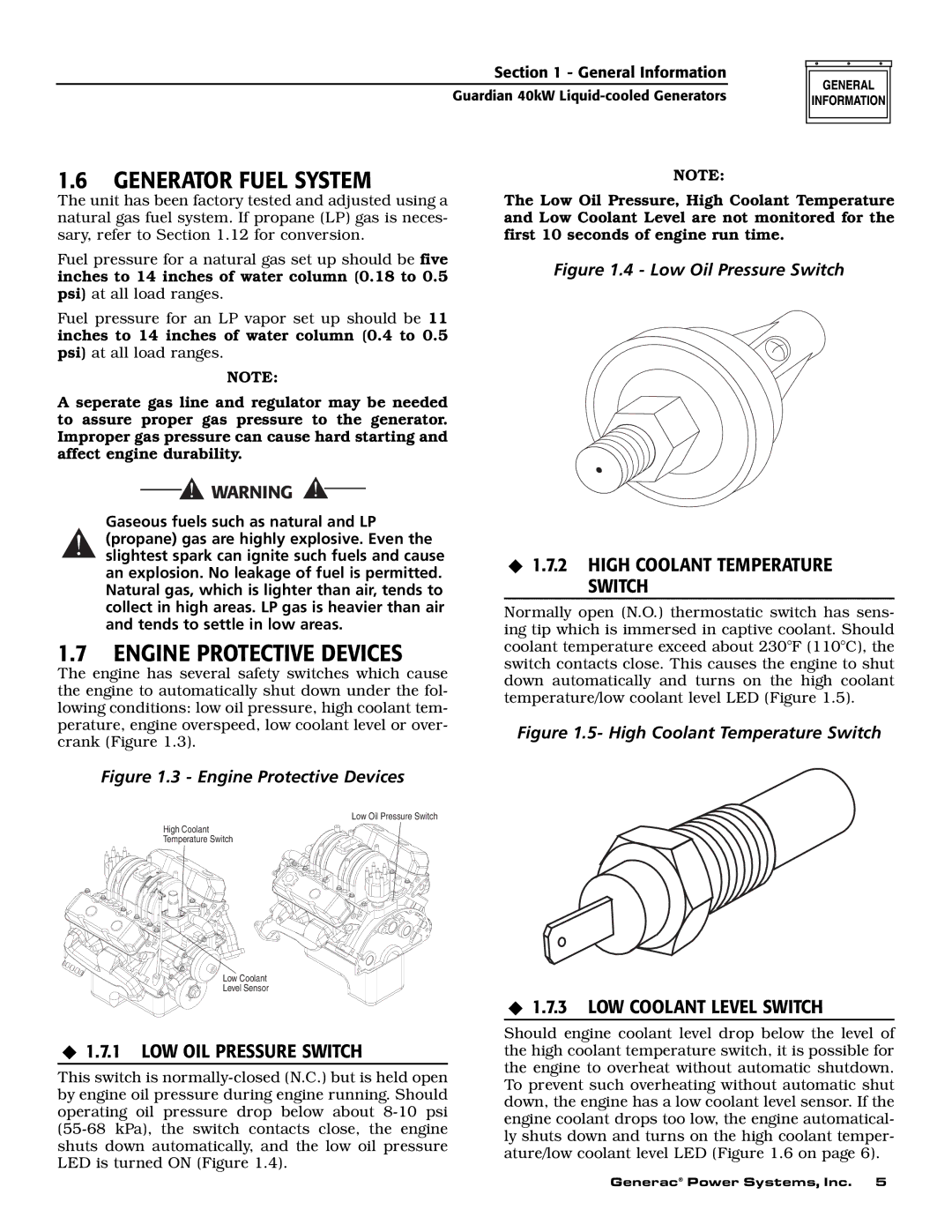 Generac Power Systems 004992-0, 004992-1 Generator Fuel System, Engine Protective Devices, ‹ 1.7.1 LOW OIL Pressure Switch 